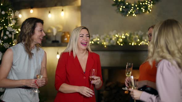 Four Girlfriends are Chatting Merrily with Glasses in Hands in a Room Decorated for Christmas