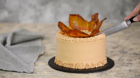 Female hands cutting delicious caramel nut cake.