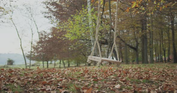 Swinging Swing on Empty Public Park in Autumn. Leafs in Playground on the Floor. Slow Motion.no