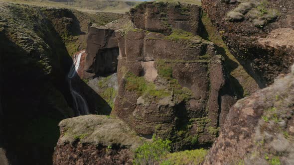 Birds Eye View of Waterfall in Fjadrargljufur Canyon in South Iceland