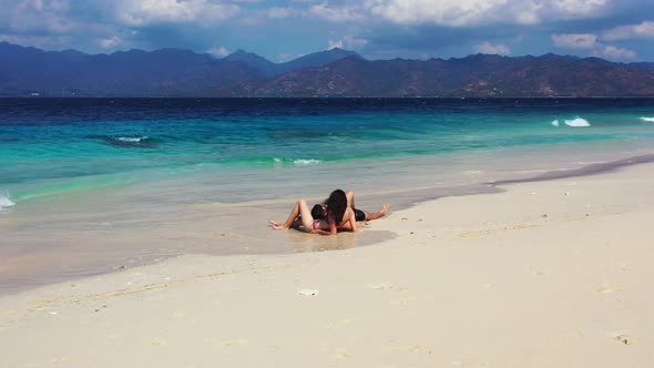 Happy People on Romantic Honeymoon Have Fun on Beach on Summer White Sandy Background 