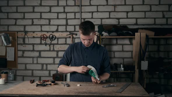 Shoemaker Makes Leather Shoes for Men Sole of Shoe Handmade Craft DIY Process Craftsman Making Boots