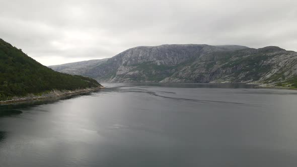 Aerial flight over fjord in Arctic cirlce, Norway