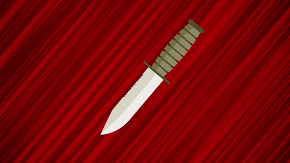 Flying knife on red background. Looped animation of throwing a blade. Moving cutter. Animated dagger