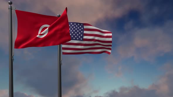 Tunisia Flag Waving Along With The National Flag Of The USA - 4K