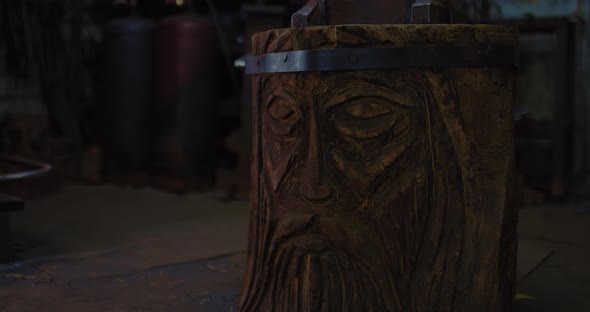 Interior of Blacksmith Workshop Closeup View of Wooden Stand with Portrait of Old Druid  Prores