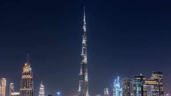 View of Burj Khalifa Dubai Downtown Skyline Overview at Sunset