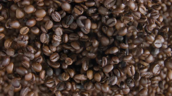 Coffee Beans Spilling Out Electric Grinder with Open Cover Close Up Top View