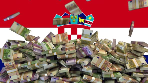 Euro Banknotes falling in front of flag of Croatia