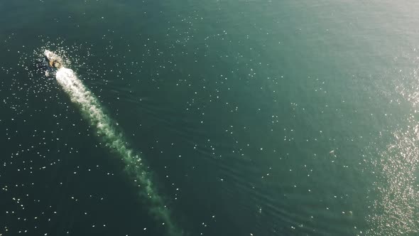 amazing drone shot of fisherman boat with seagulls