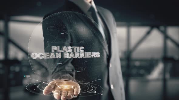 Plastic Ocean Barriers with Hologram Businessman Concept