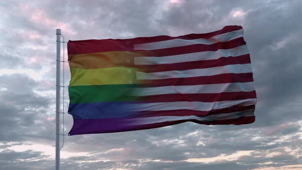 Waving Flag of USA State and LGBT Rainbow Flag Background