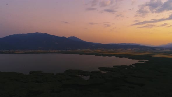 Birds Flying in the Lake at Sunset