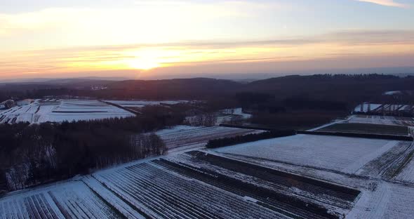High flight above winter fields at sunset.