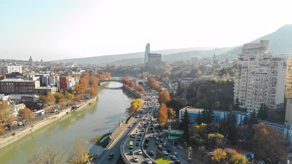 Aerial Timelapse shooting of Tbilisi. Galaktion Tabidze Bridge. Georgia