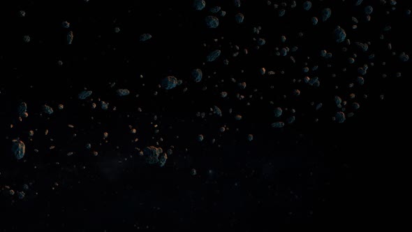 A Huge Cluster Of Meteorites In Black Space Is Slowly Flying