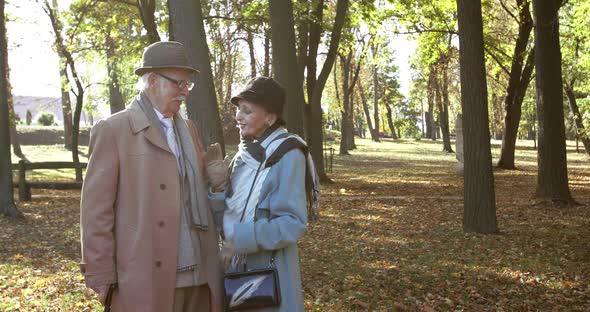 Happy Elegant Elderly Married Couple Caresses Each Other and Smiles on a Walk