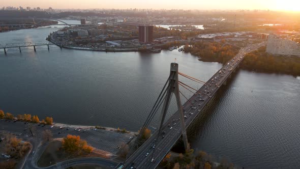 Aerial view on traffic on Pivnichnyi Northern Bridge, Kyiv