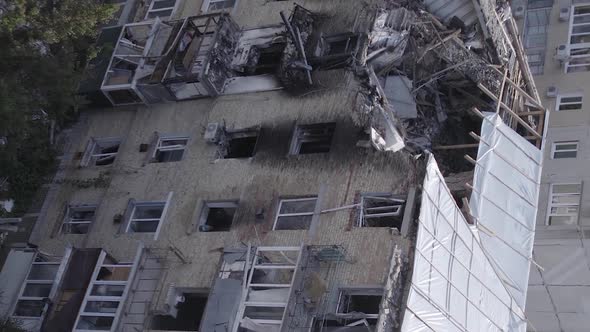 Vertical Video of a Wartorn Building in Ukraine