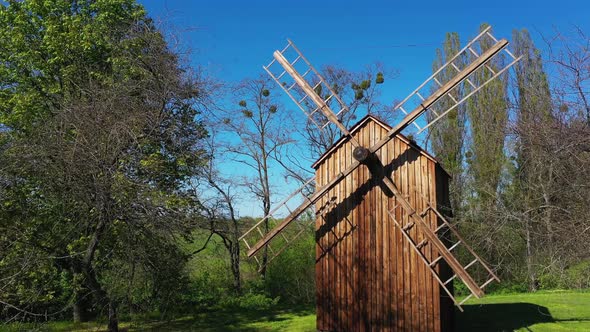 Antique Wooden Windmill in the Park in Ukraine Aerial View