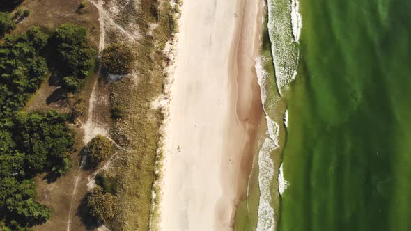 AERIAL: Still shot of green water waves crashing on the sandy beach