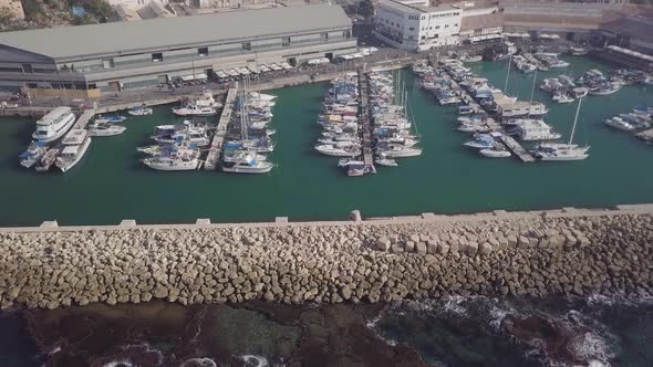Drone shot of the Port of Jaffa, Israel