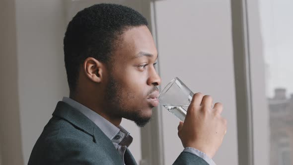 Healthy Businessman Wears Suit Holding Glass Drinking Fresh Mineral Pure Filtered Water