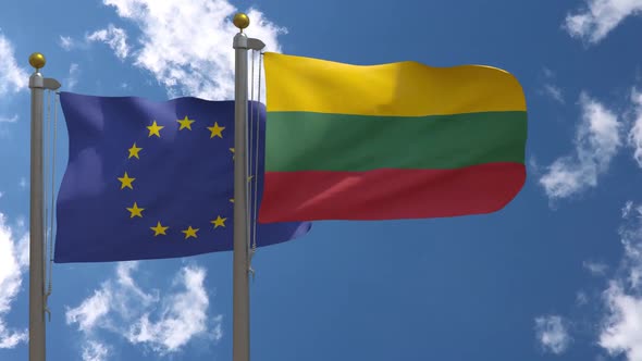 European Union Flag Vs Lithuania Flag On Flagpole