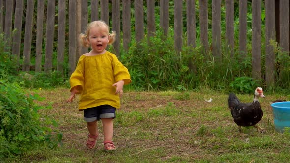 Beautiful Little Girl is Walking Next to the Various Farm Birds in the Backyard