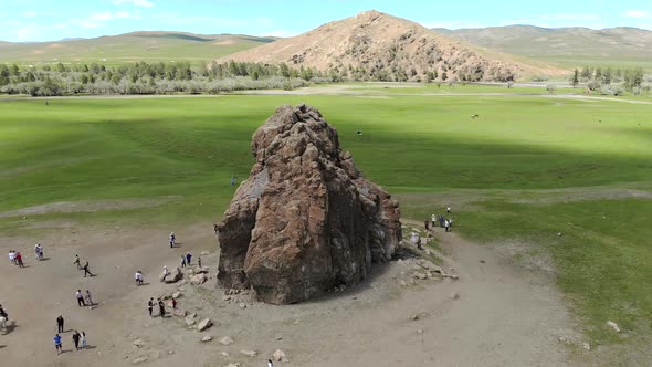 Tourists Religious Symbol Taikhar Chuluu Rock in Arkhangai Aimag, Mongolia
