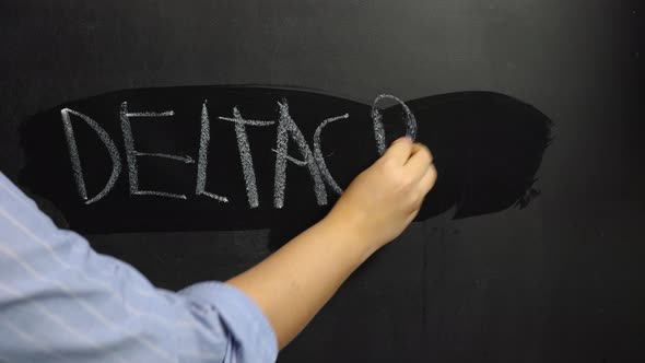 A woman's hand with a damp sponge erases the word Omicron written in chalk on the black board