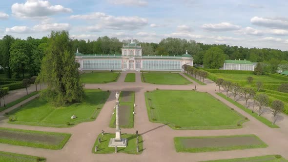 Aerial view of green landscapes and ancient palace in Tsaritsyno Park