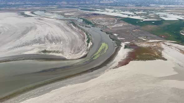 View of low waters on the Great Salt Lake at Farmington Bay