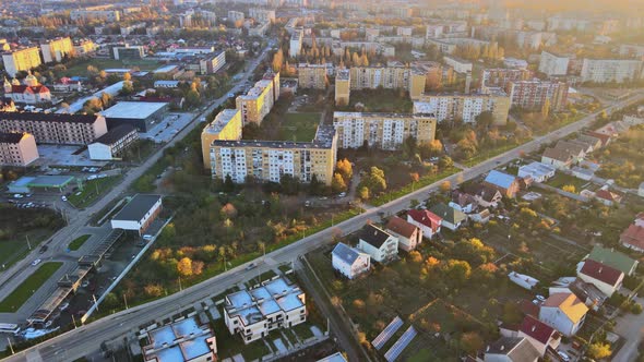 Historical in the City Center Panoramic Aerial Cityscape Sunset Orange Light View of Uzhhorod
