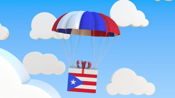 Box with National Flag of Puerto Rico Falls with a Parachute