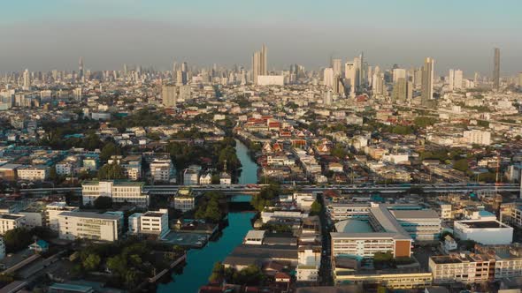 Aerial View of Wat Paknam Bhasicharoen, a Temple, Pagoda and Buddha Statue in Bangkok Thailand