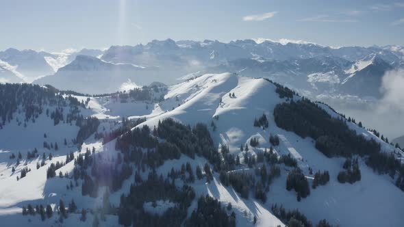 Aerial view of mountain peak in wintertime, Lucerne, Switzerland.