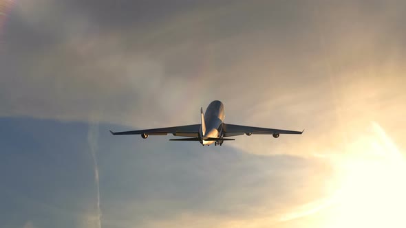 Passenger Airplane Is Climbing After Take Off During Scenic Sunset alt