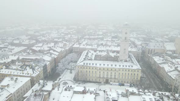 Aerial View of the Lviv Old Town in Winter