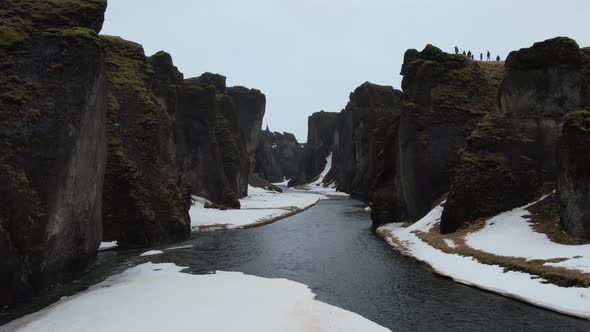 Aerial view of Fjardarargljufur canyon with river in wintertime, Iceland.