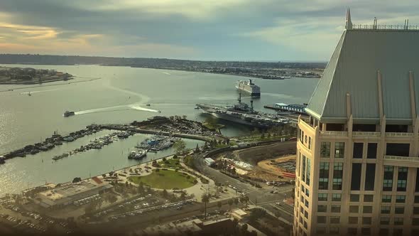 1080HD, Cruise ship leaves San Diego harbor at sunset. Time Lapse.