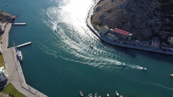 Aerial Panoramic View of Balaklava Landscape with Boats and Sea in Marina Bay on Sunny Day