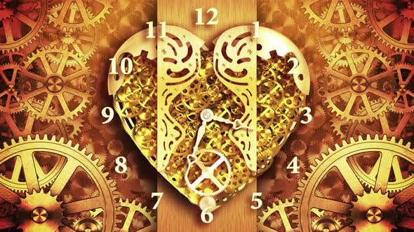 Gold Clock In The Form Of Heart On The Background Of Rotating Gears alt