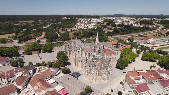 Birds eye view overlooking at historical monument building, Batalha monastery in Portugal.