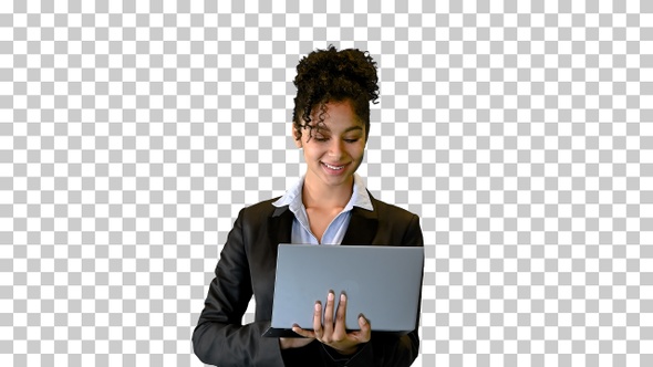 Black curly-haired employee holding a laptop, Alpha Channel