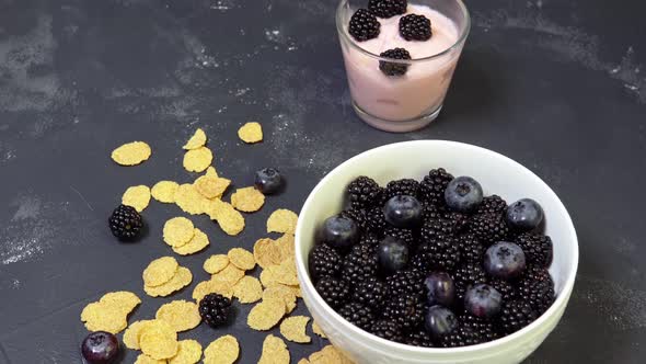 Bowl of Blackberries, Blueberries and Cereal. Morning Natural Breakfast