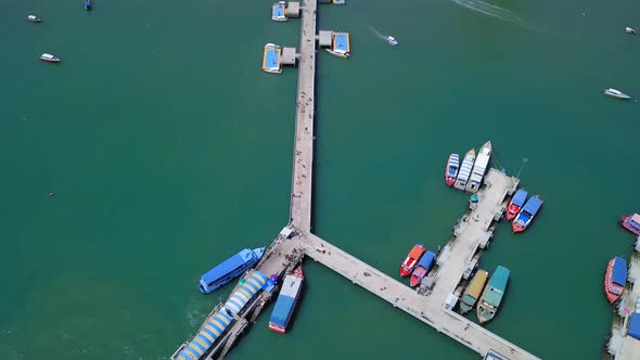 Aerial view of sail boats docked in port at Pattaya sea, beach. Chonburi, Thailand.