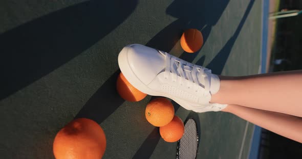 Female White Sneakers in Orange Fruits on a Tennis Court Vertical Video