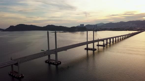Aerial view Penang Second Bridge during dramatic sunset
