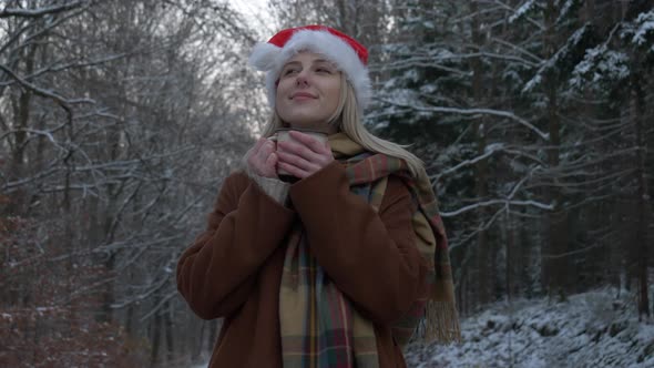 Beautiful girl in Christmas hat with a cup in a snow forest